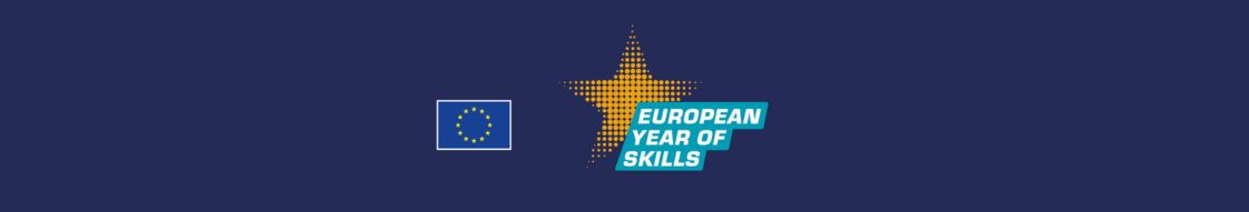 Logo Europejskiego Roku Umiejętności Zawodowych oraz flaga Unii Europejskiej