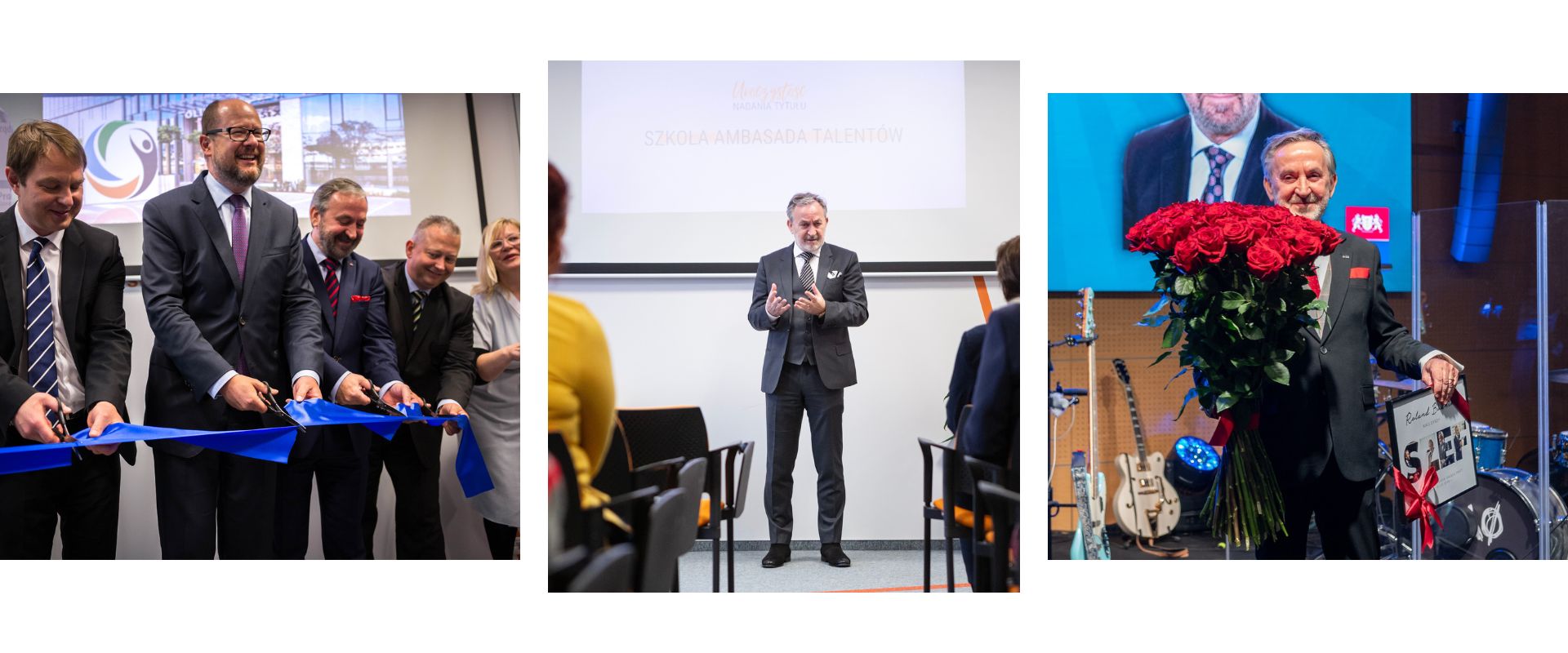 Kolaż 3 zdjęć, przedstawiający Dyrektora Rolanda Budnika. Perwsze zdjęcie z otwarcia Centrum, podczas przecięcia wstęgi, drugie z wydarzenia w Centrum podczas przemowy oraz trzecie z bukietem kwiatów na scenie, podczas podziękowania za bycie super Szefem.