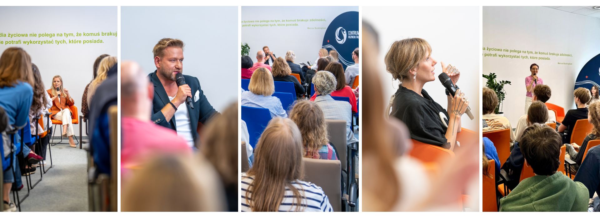 Goście podczas dnia RELACJI i NAUKI Kolaż pięciu pionowych zdjęć ze spotkania w Centrum Rozwoju Talentów. Fotografie przedstawiają prelegentów - Kamilę Kalińczak, Bartka Jędrzejaka oraz Joannę Jurgę - przemawiających z mikrofonem do publiczności zgromadzonej w jasnej sali wykładowej.