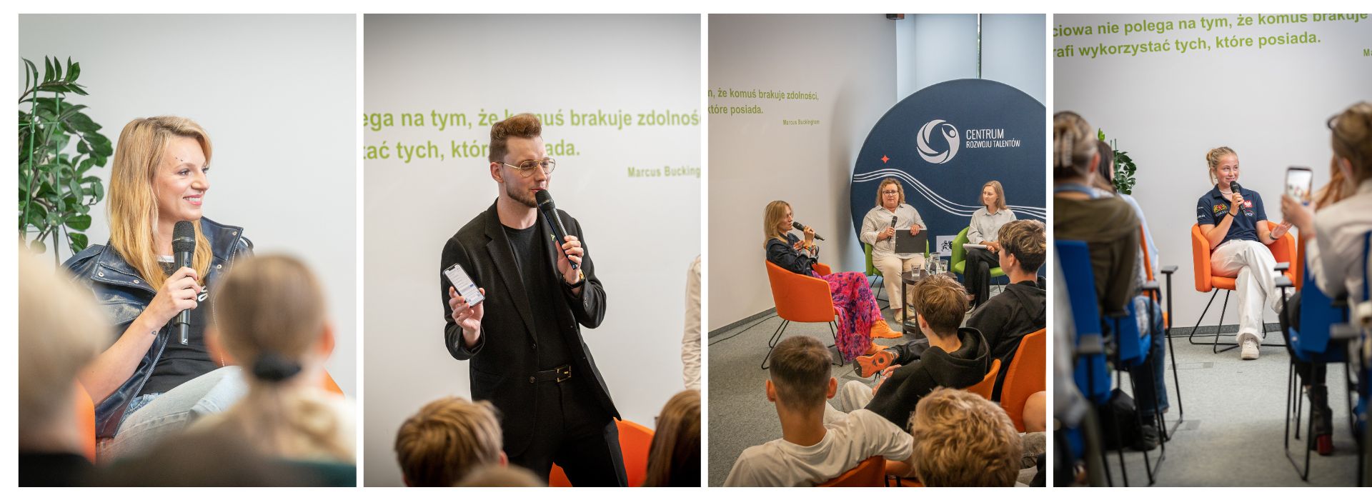 Goście podczas dnia SZTUKI i SPORTU Kolaż czterech zdjęć z wydarzenia w Centrum Rozwoju Talentów, na których uwieczniono przemawiające artystki i sportowczynie: piosenkarka Sarsa, Iluzjonista Y, bokserka Iwona Guzowska oraz wioślarka Ewa Lewandowska. Spotkanie odbywa się w nowoczesnej sali z cytatem na ścianie i logotypem instytucji, z widoczną publicznością.